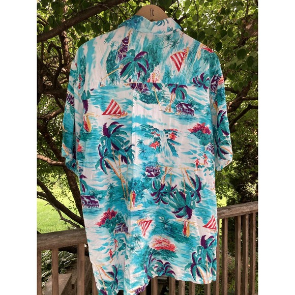 Size L Blue Rayon Hawaiian Aloha Shirt Vintage 90s - Picture 4 of 5